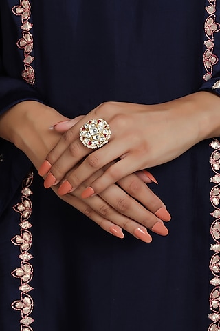 Gold Finish Kundan Polki & Ruby Ring In Sterling Silver by Kaari