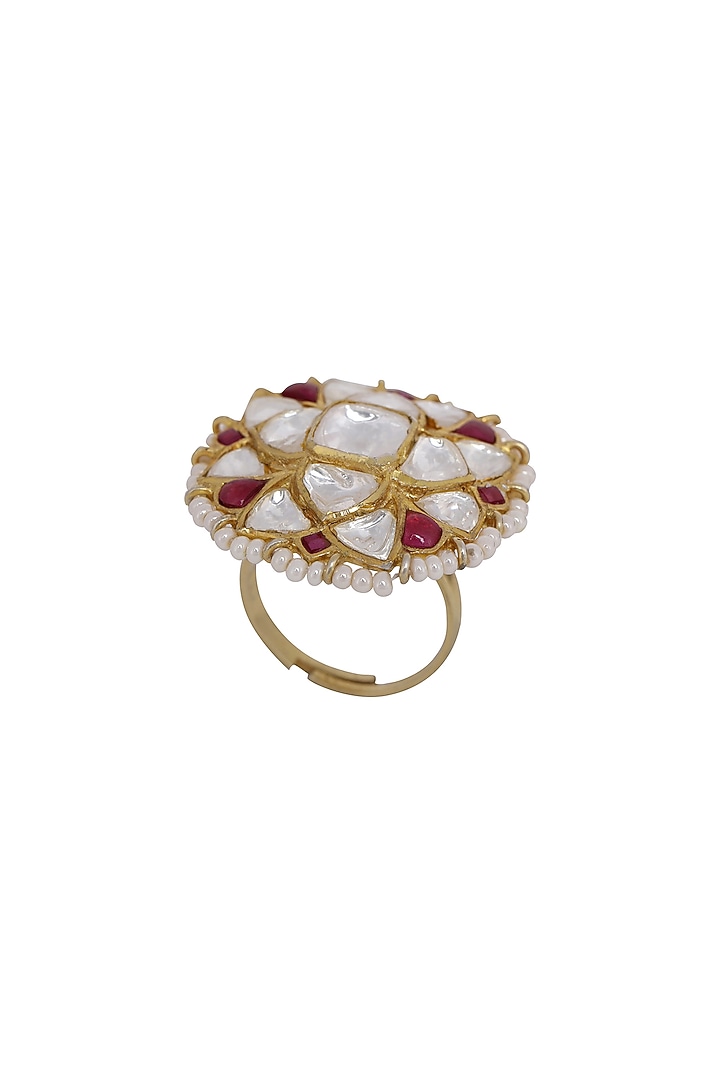 Gold Finish Kundan Polki & Ruby Ring In Sterling Silver by Kaari at Pernia's Pop Up Shop