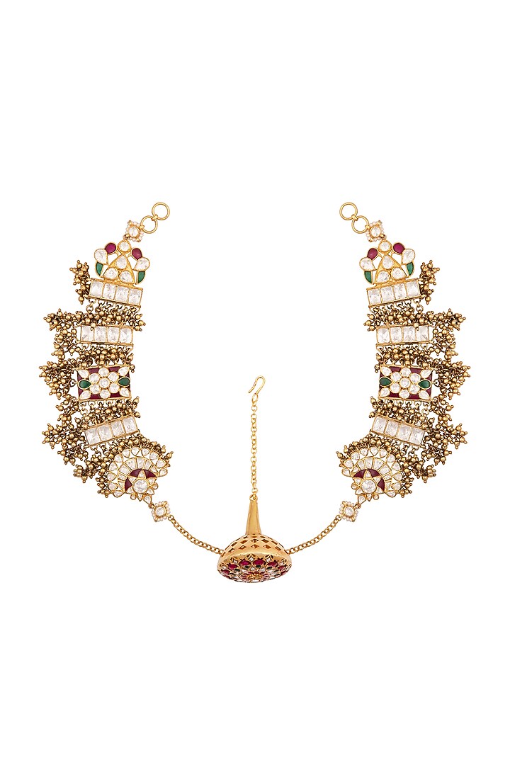 Gold Finish Kundan Polki Mathapatti In Sterling Silver by Kaari at Pernia's Pop Up Shop