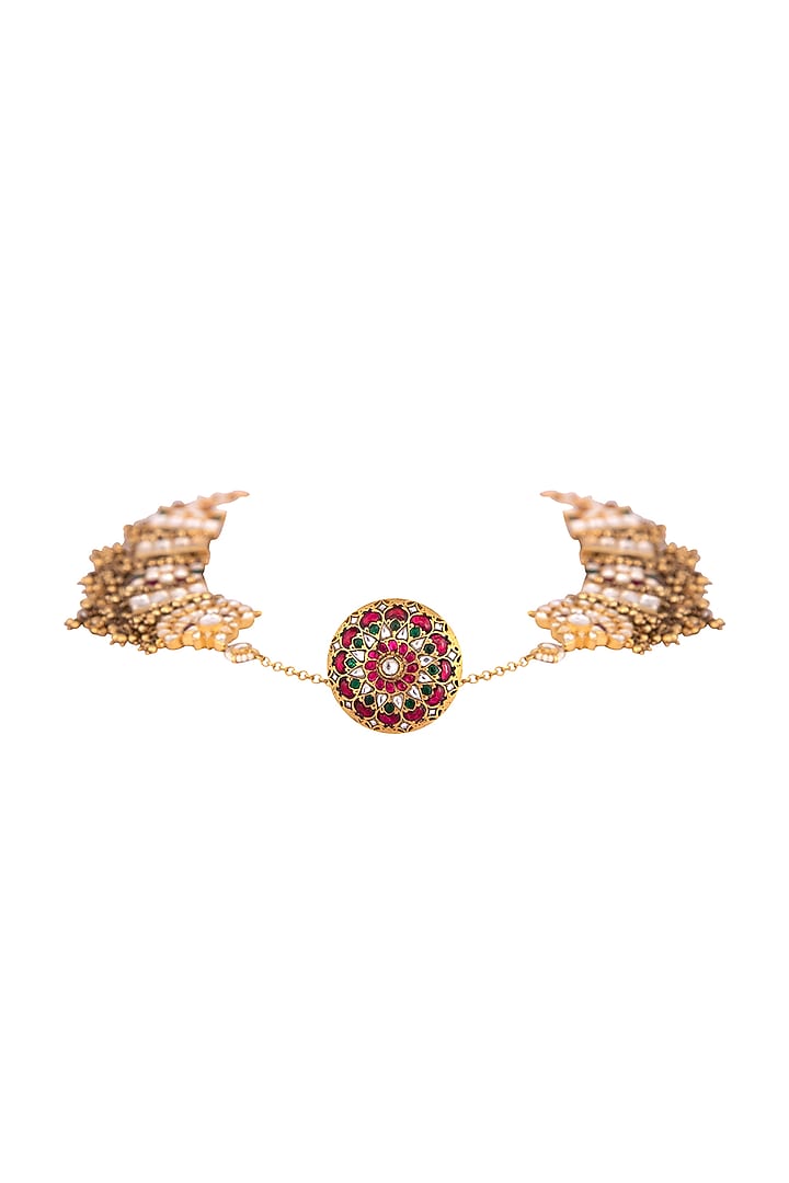 Gold Finish Kundan Polki Mathapatti In Sterling Silver by Kaari at Pernia's Pop Up Shop