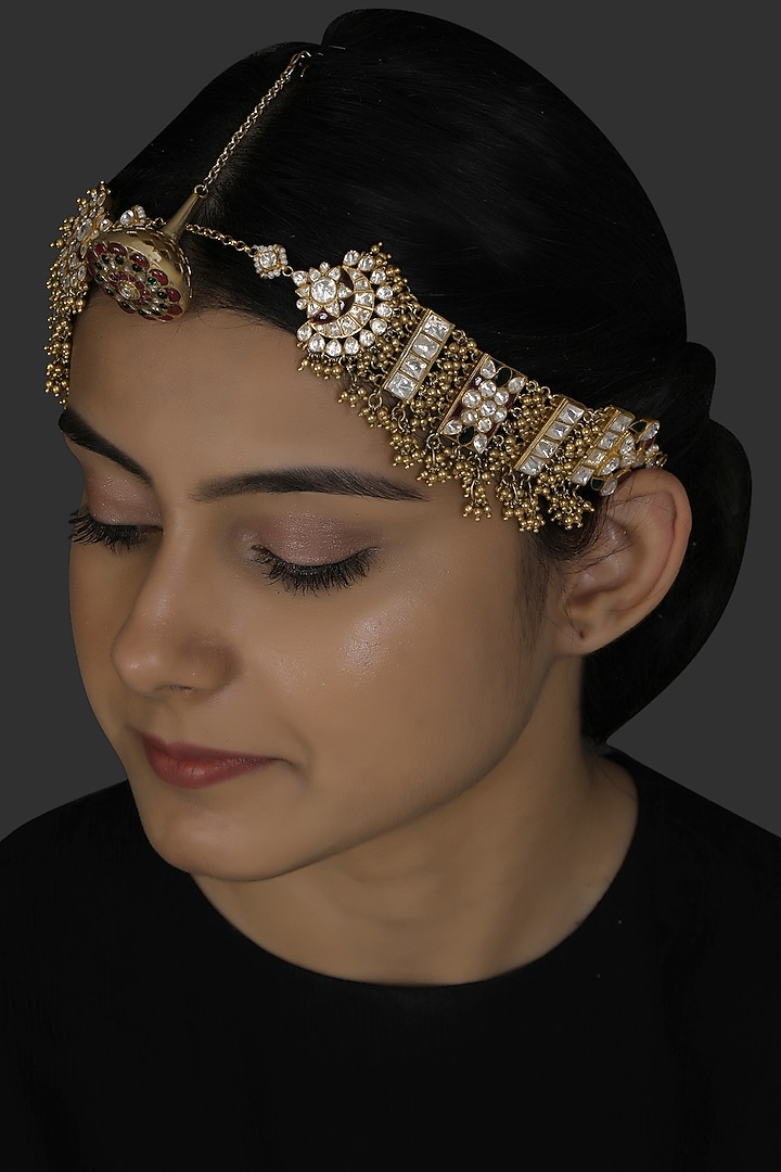 Gold Finish Kundan Polki Mathapatti In Sterling Silver by Kaari at Pernia's Pop Up Shop