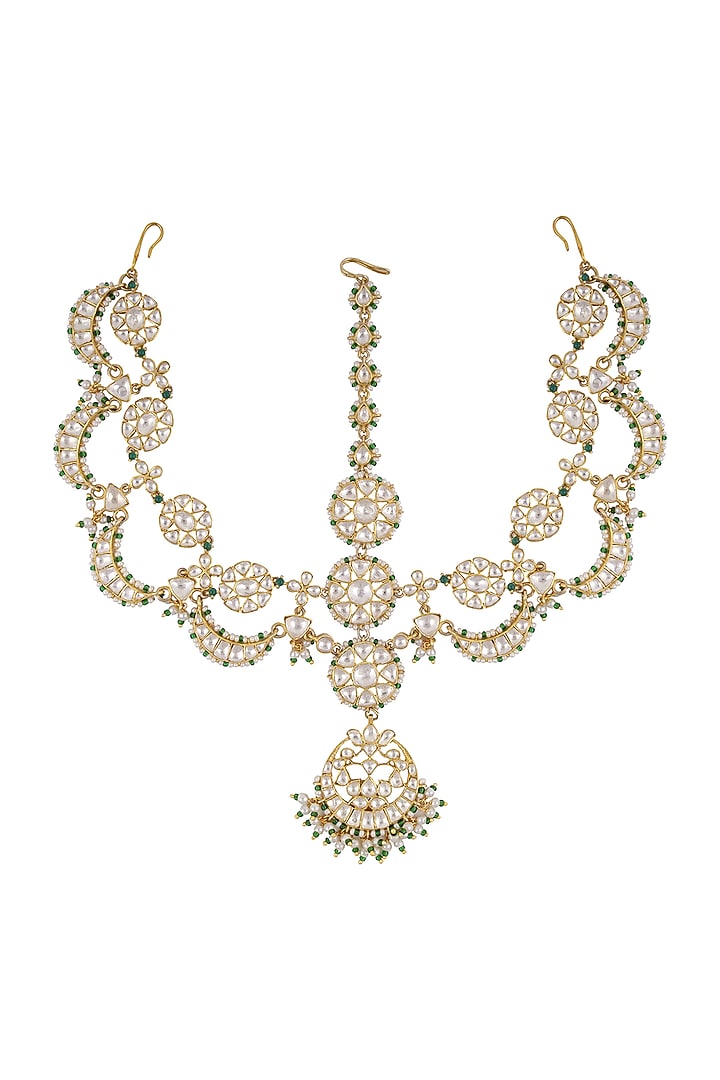 Gold Finish Kundan Polki & Pearl Mathapatti In Sterling Silver by Kaari at Pernia's Pop Up Shop