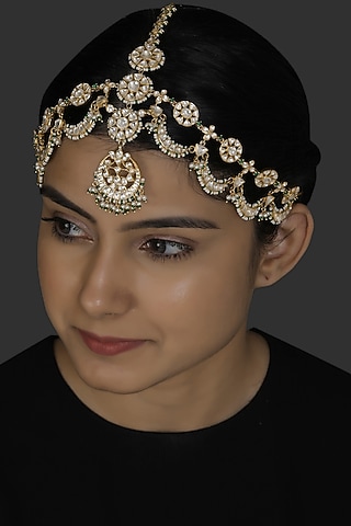 Gold Finish Kundan Polki & Pearl Mathapatti In Sterling Silver by Kaari