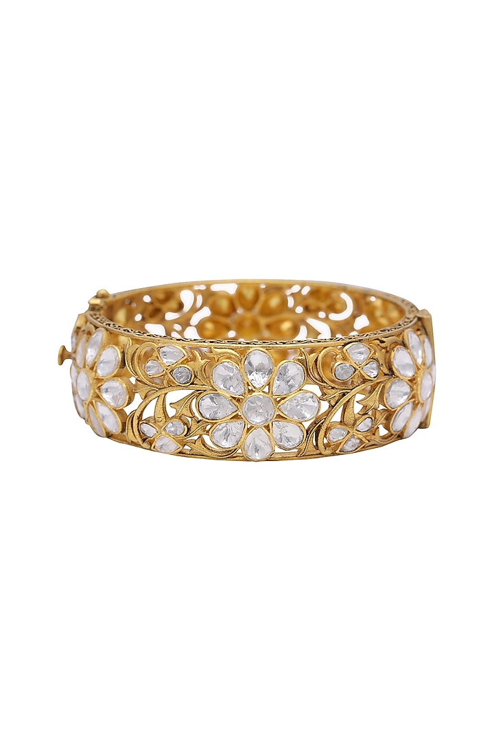 Gold Finish Kundan Polki Cutwork Jali Kada In Sterling Silver by Kaari at Pernia's Pop Up Shop