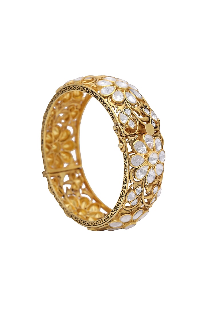 Gold Finish Kundan Polki Cutwork Jali Kada In Sterling Silver by Kaari at Pernia's Pop Up Shop