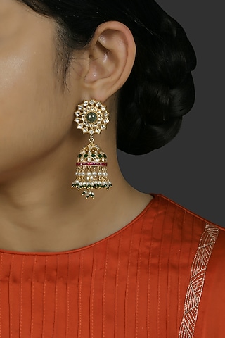 Gold Finish Kundan Polki Jhumka Earrings In Sterling Silver by Kaari