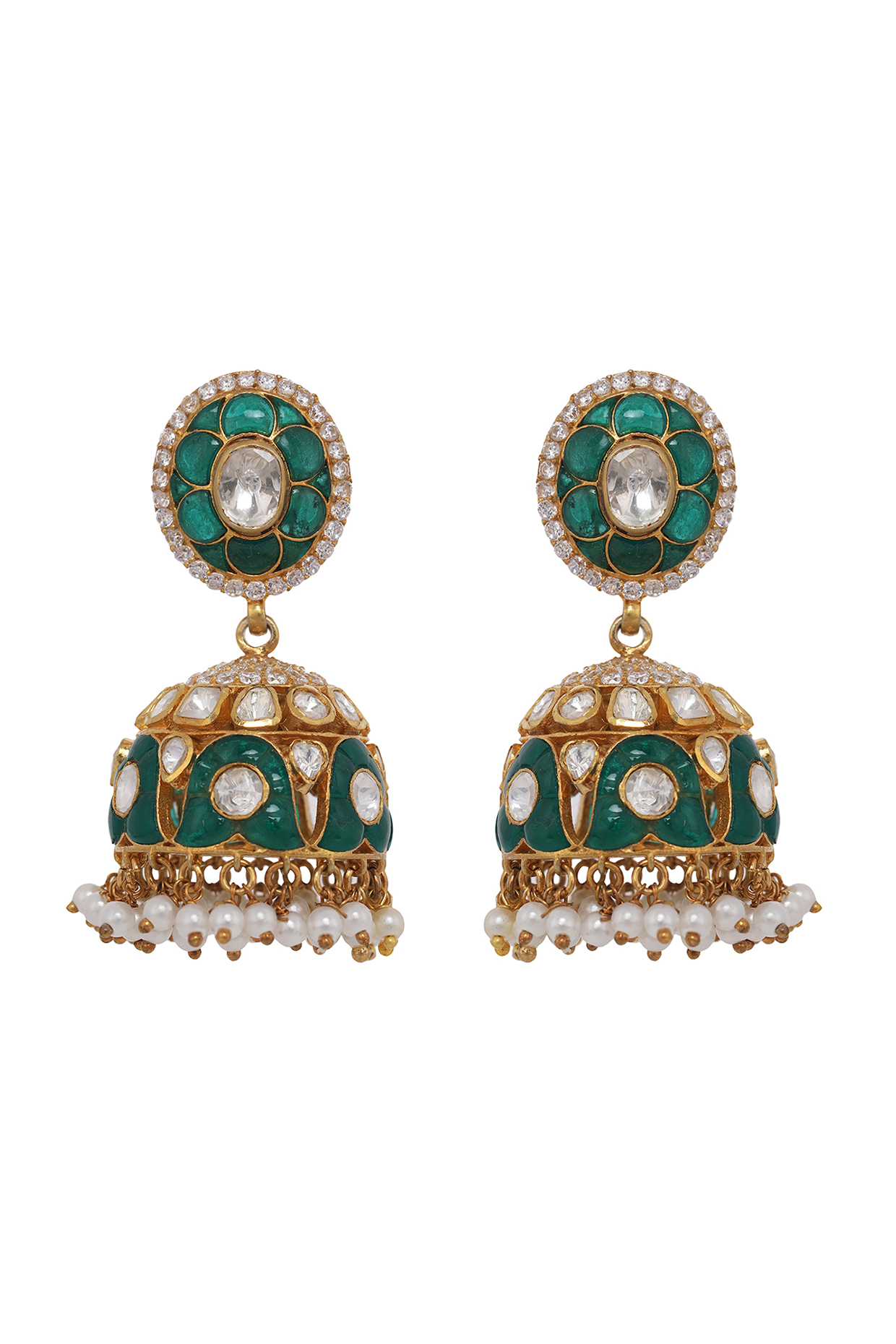 Gold Finish Kundan Polki & Pearl Jhumka Earrings In Sterling Silver by Kaari