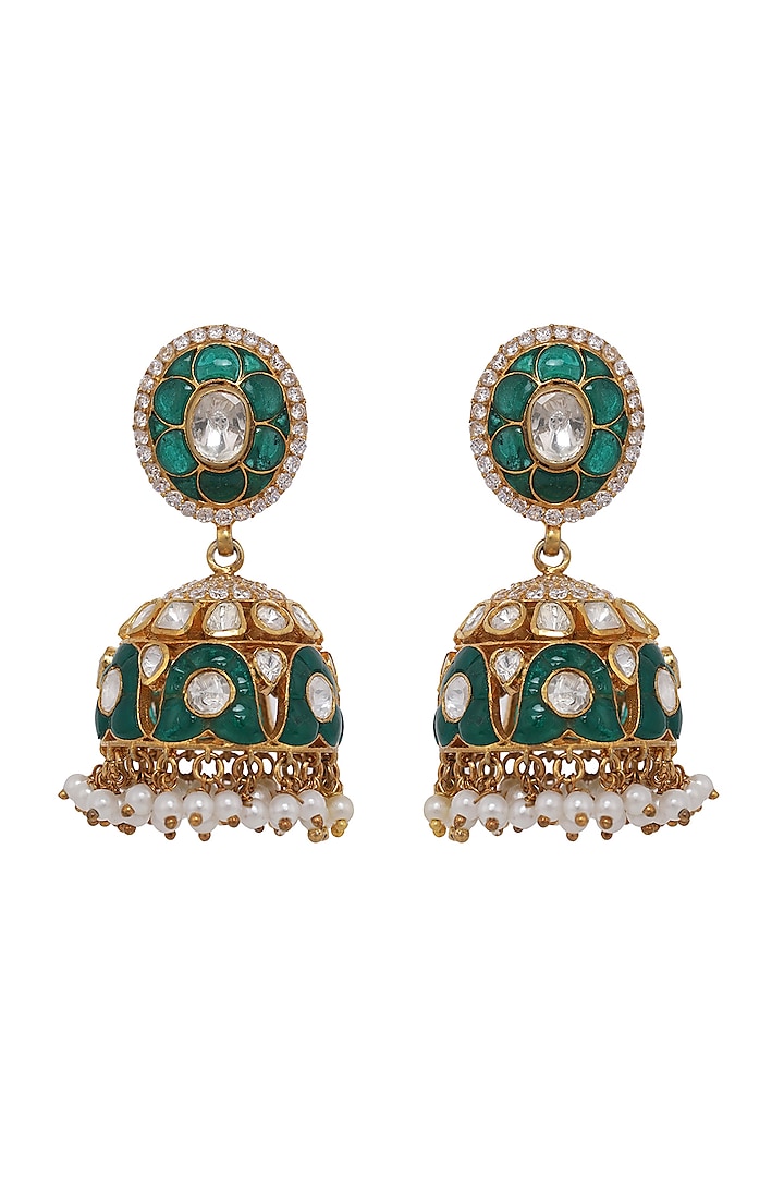 Gold Finish Kundan Polki & Pearl Jhumka Earrings In Sterling Silver by Kaari