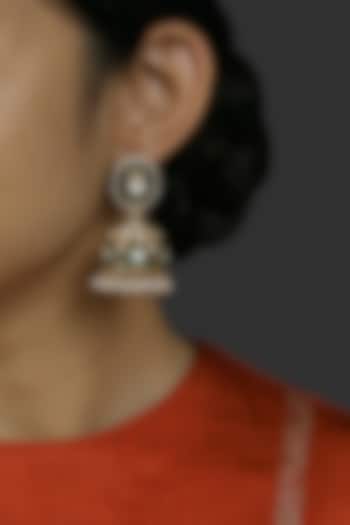 Gold Finish Kundan Polki & Pearl Jhumka Earrings In Sterling Silver by Kaari