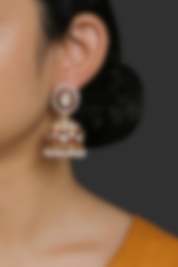 Gold Finish Ruby & Pearl Jhumka Earrings In Sterling Silver by Kaari