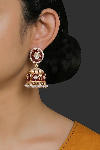 Gold Finish Ruby & Pearl Jhumka Earrings In Sterling Silver by Kaari