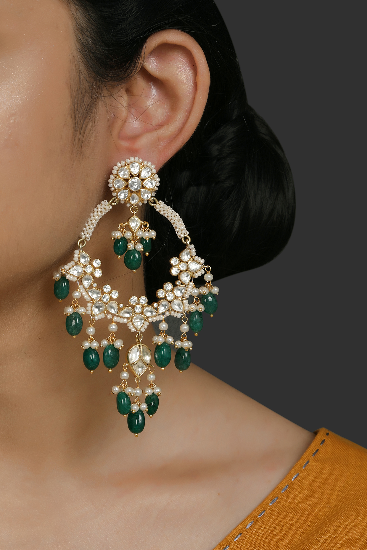 Gold Finish Kundan Polki & Pearl Chandbali Earrings In Sterling Silver by Kaari at Pernia's Pop Up Shop