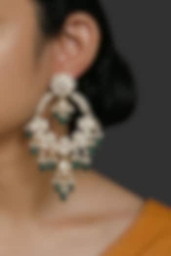 Gold Finish Kundan Polki & Pearl Chandbali Earrings In Sterling Silver by Kaari