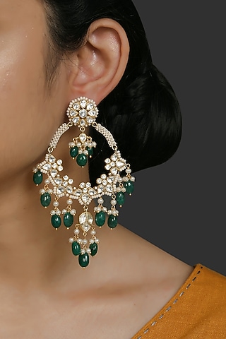 Gold Finish Kundan Polki & Pearl Chandbali Earrings In Sterling Silver by Kaari