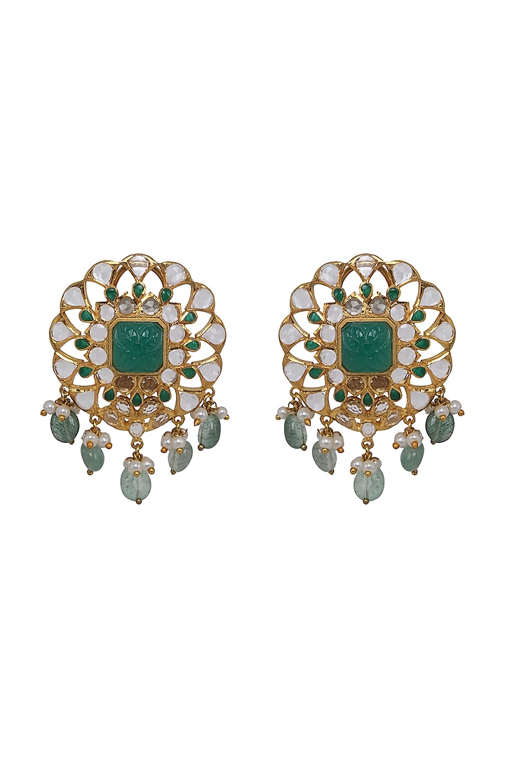Gold Finish Kundan Polki & Pearl Stud Earrings In Sterling Silver by Kaari at Pernia's Pop Up Shop