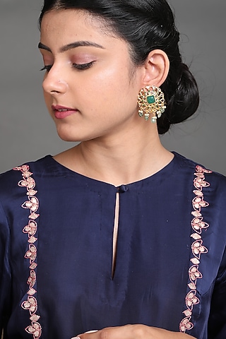 Gold Finish Kundan Polki & Pearl Stud Earrings In Sterling Silver by Kaari