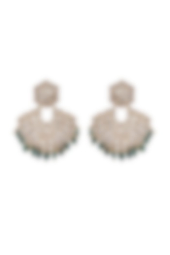 Gold Finish Kundan Polki & Emerald Chandbali Earrings In Sterling Silver by Kaari