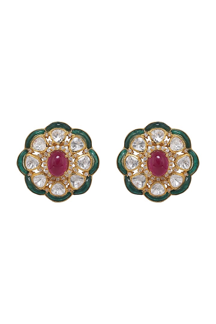 Gold Finish Kundan Polki & Emerald Stud Earrings In Sterling Silver by Kaari