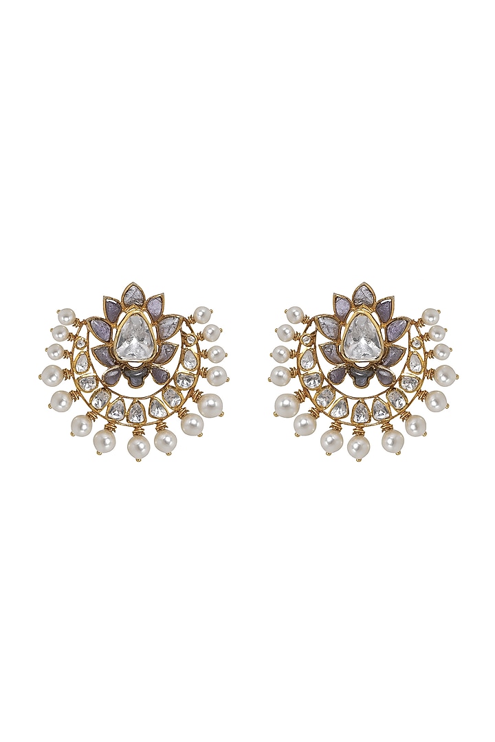 Gold Finish Pearl & Kundan Polki Stud Earrings In Sterling Silver by Kaari at Pernia's Pop Up Shop