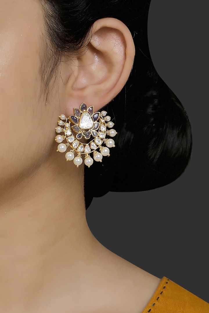 Gold Finish Pearl & Kundan Polki Stud Earrings In Sterling Silver by Kaari
