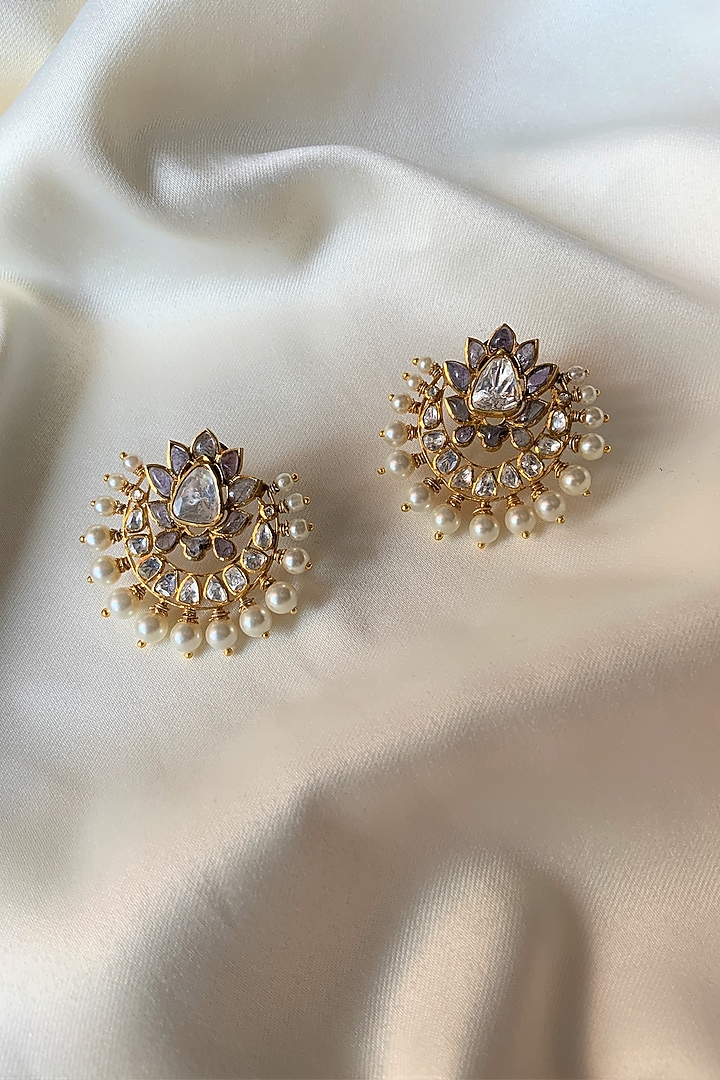 Gold Finish Pearl & Kundan Polki Stud Earrings In Sterling Silver by Kaari at Pernia's Pop Up Shop