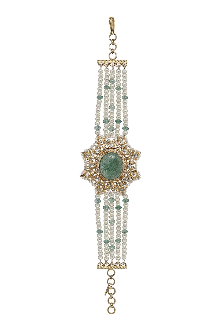 Gold Finish Kundan Polki & Pearl Bracelet In Sterling Silver by Kaari at Pernia's Pop Up Shop