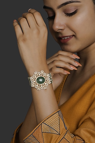 Gold Finish Kundan Polki & Pearl Bracelet In Sterling Silver by Kaari