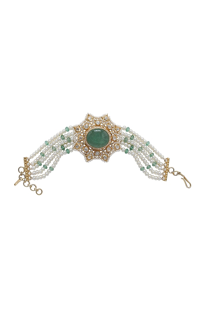 Gold Finish Kundan Polki & Pearl Bracelet In Sterling Silver by Kaari at Pernia's Pop Up Shop