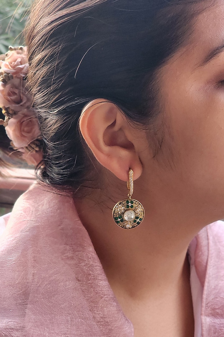Gold Plated Emerald Stone Bali Earrings In Sterling Silver by Kaari at Pernia's Pop Up Shop