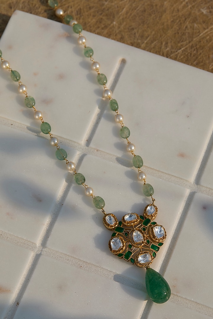 Gold Plated Emerald Freshwater Pearl Pendant Necklace In Sterling Silver by Kaari at Pernia's Pop Up Shop