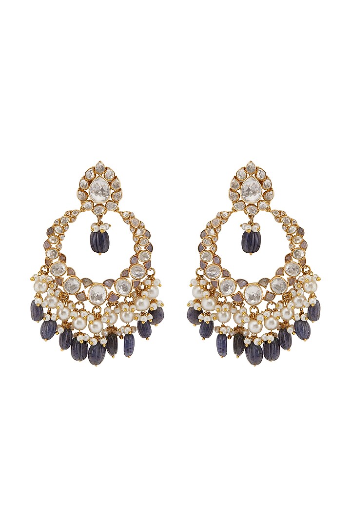 Gold Plated Kundan Polki & Pearl Vellore Chandbaali Earrings In Sterling Silver by Kaari at Pernia's Pop Up Shop