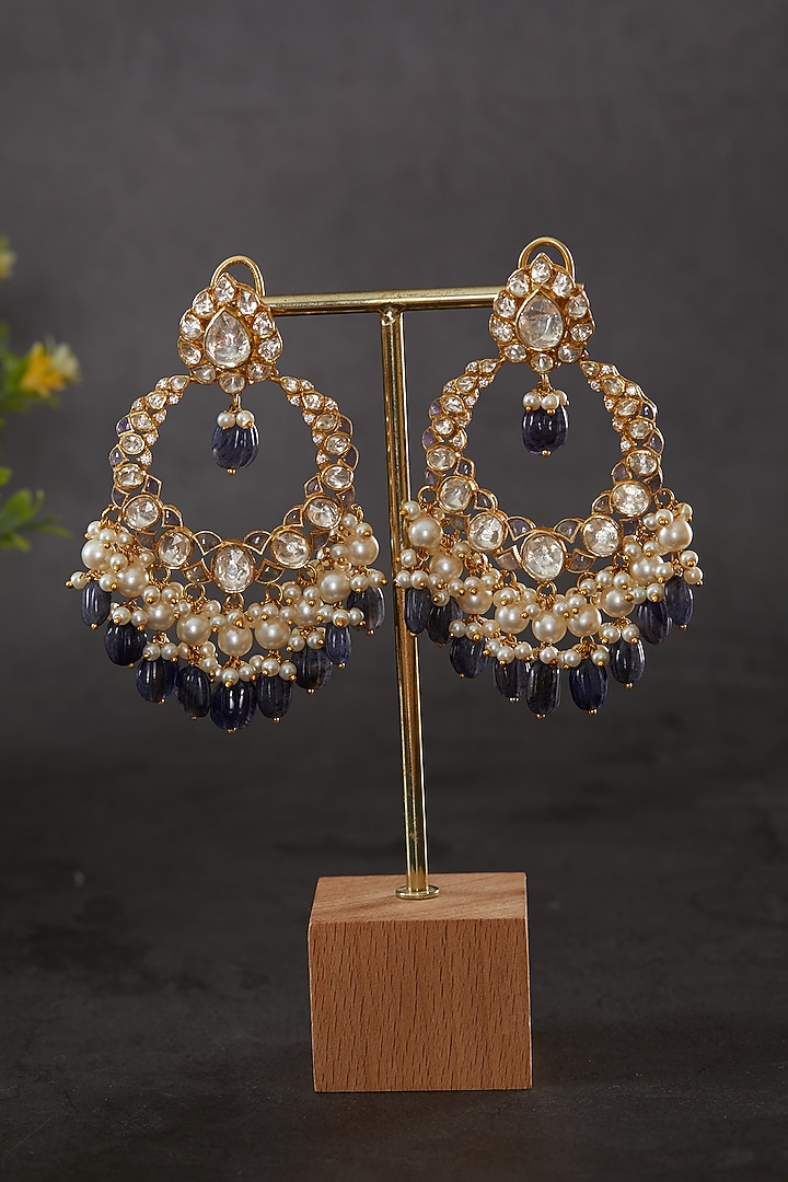 Gold Plated Kundan Polki & Pearl Vellore Chandbaali Earrings In Sterling Silver by Kaari at Pernia's Pop Up Shop