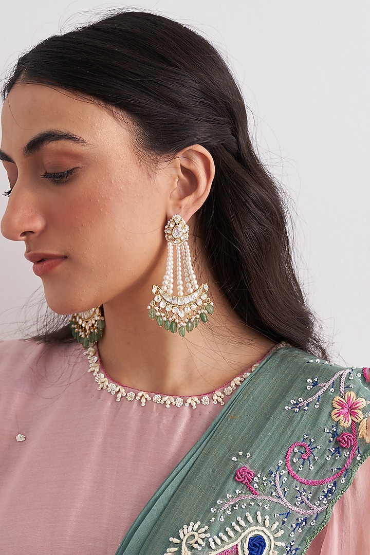 Gold Plated Kundan Polki & Freshwater Pearl Passa Earrings In Sterling Silver by Kaari at Pernia's Pop Up Shop