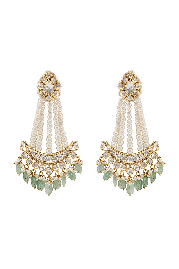 Gold Plated Kundan Polki & Freshwater Pearl Passa Earrings In Sterling Silver by Kaari at Pernia's Pop Up Shop