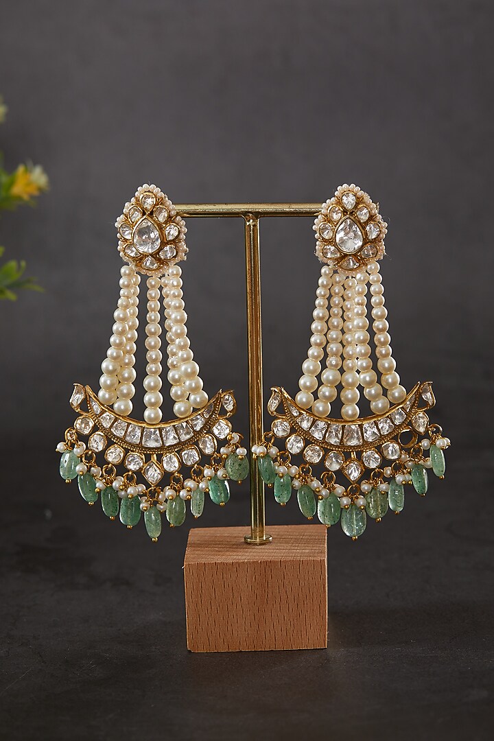 Gold Plated Kundan Polki & Freshwater Pearl Passa Earrings In Sterling Silver by Kaari at Pernia's Pop Up Shop
