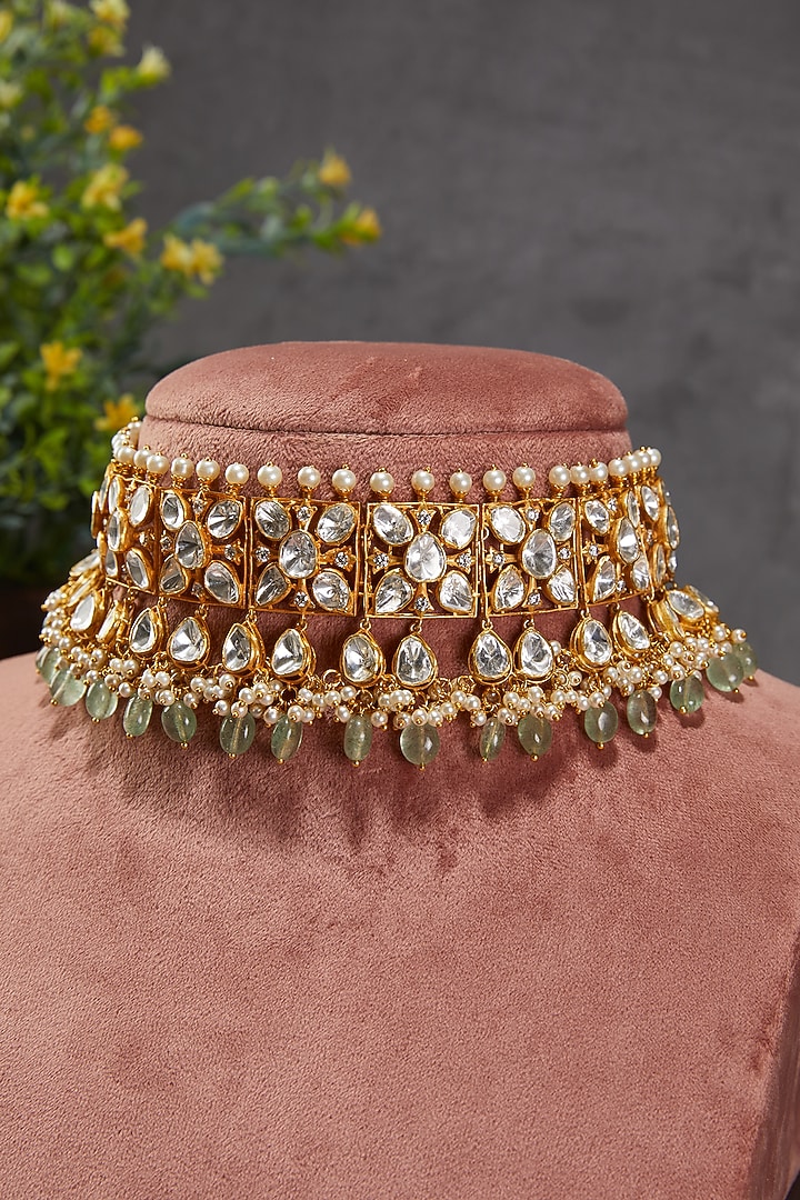 Gold Plated Green Leaf Motif & Pearl Choker Necklace In Sterling Silver by Kaari at Pernia's Pop Up Shop