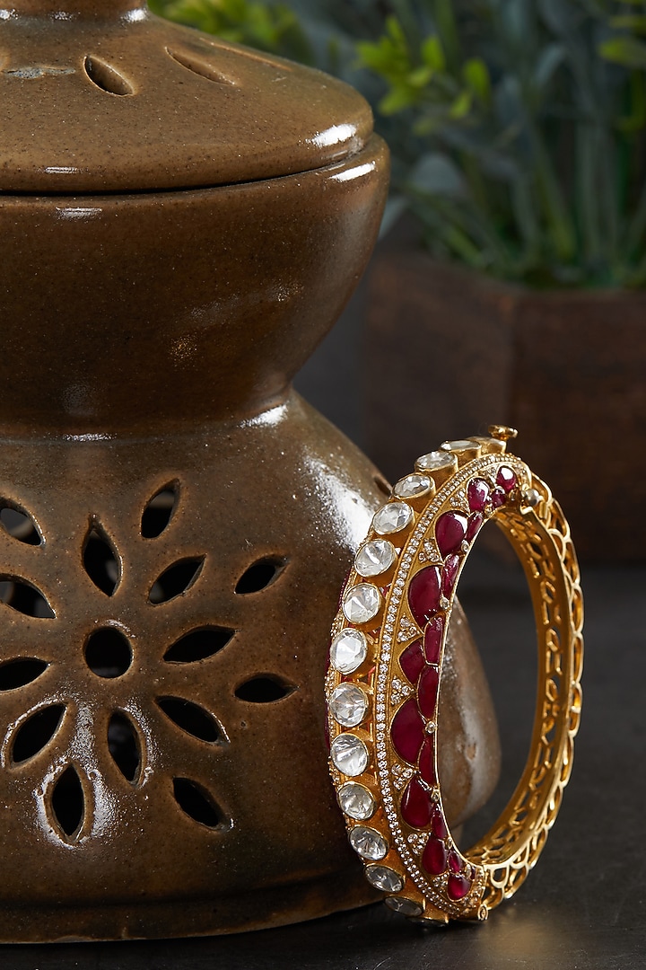 Gold Plated Moissanite Kundan Polki Openable Kada In Sterling Silver by Kaari at Pernia's Pop Up Shop