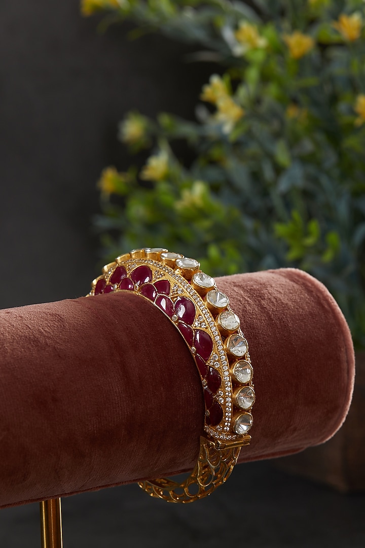 Gold Plated Moissanite Kundan Polki Openable Kada In Sterling Silver by Kaari at Pernia's Pop Up Shop