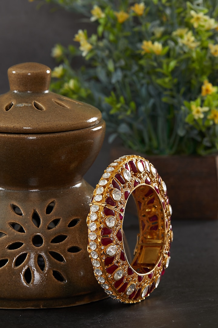 Gold Plated Moissanite Polki Openable Kada In Sterling Silver by Kaari at Pernia's Pop Up Shop