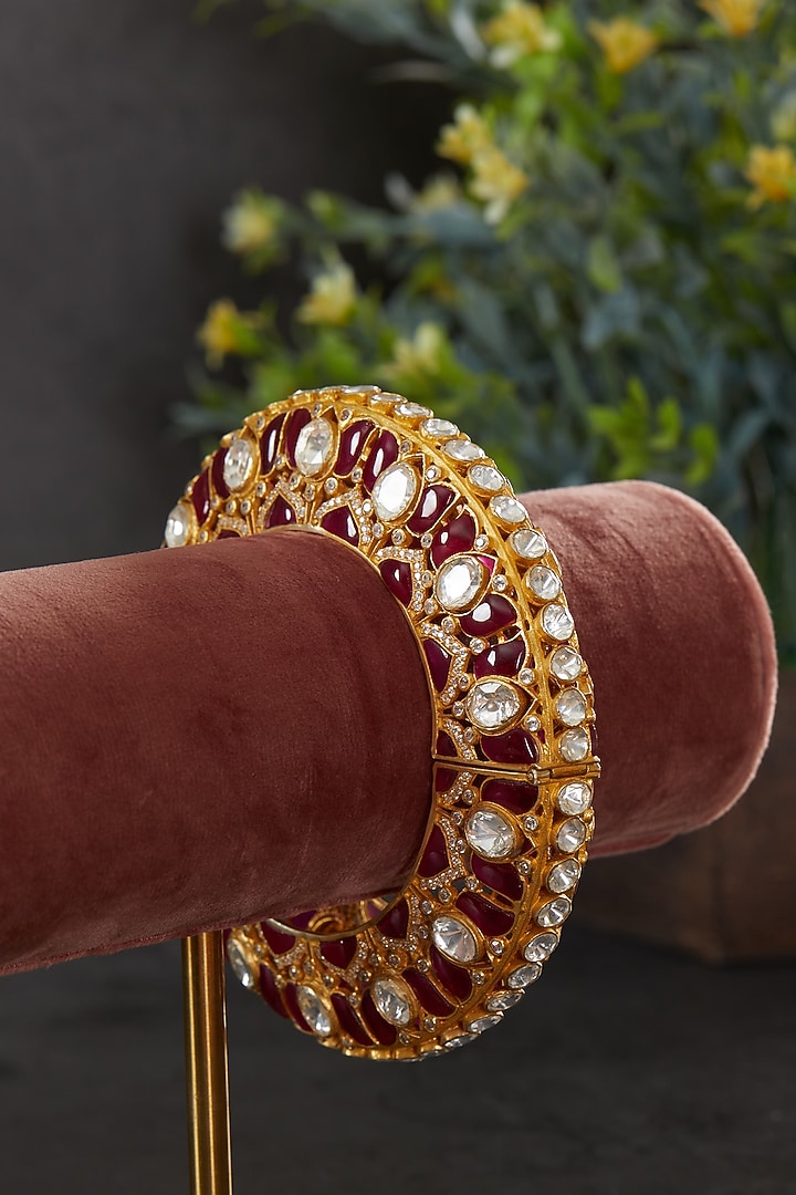 Gold Plated Moissanite Polki Openable Kada In Sterling Silver by Kaari at Pernia's Pop Up Shop
