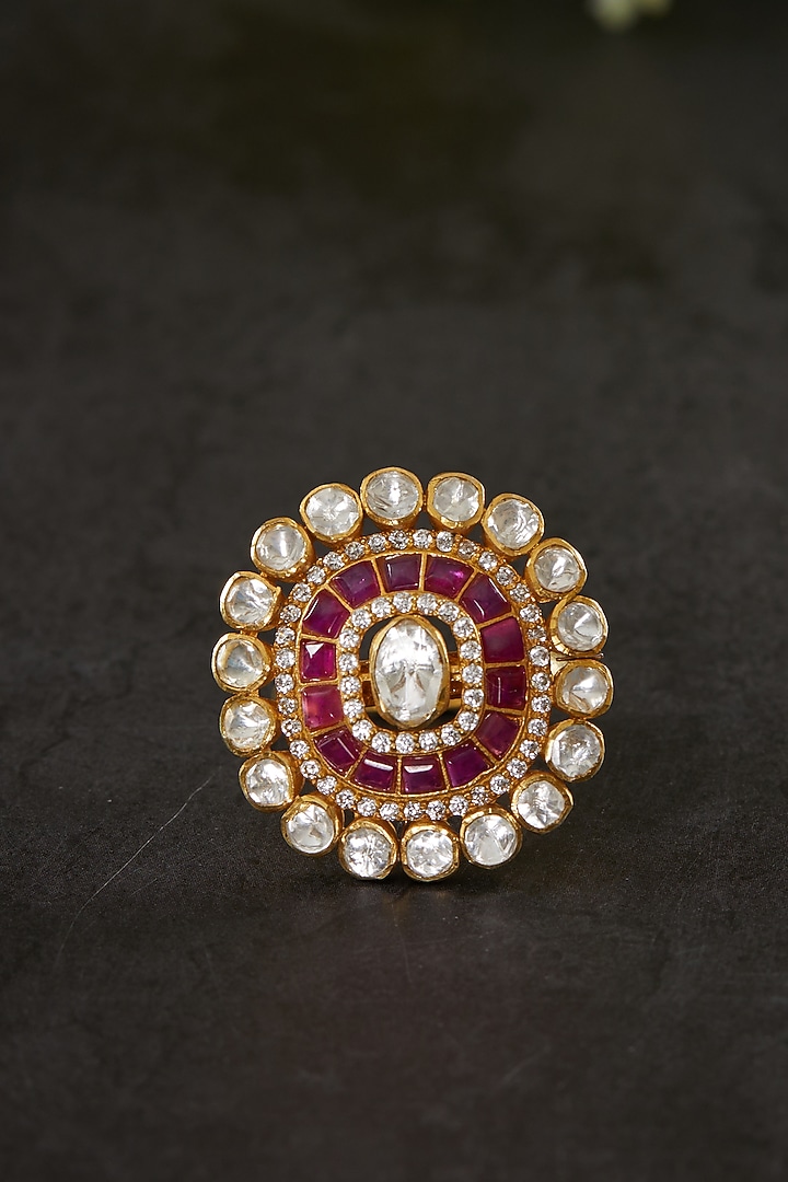 Gold Plated Kundan Polki Oval Ring In Sterling Silver by Kaari at Pernia's Pop Up Shop