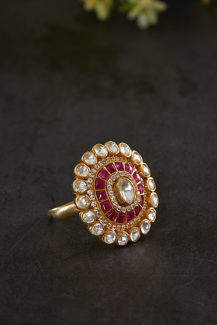 Gold Plated Kundan Polki Oval Ring In Sterling Silver by Kaari at Pernia's Pop Up Shop