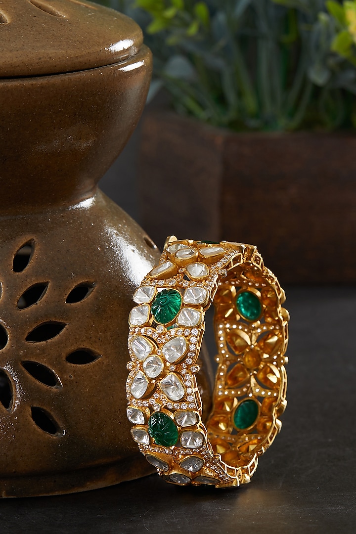 Gold Plated Green Moissanite Polki Kada In Sterling Silver by Kaari at Pernia's Pop Up Shop