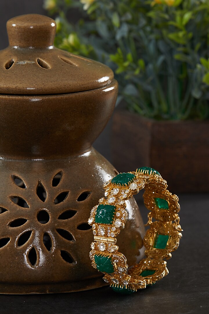 Gold Plated Moissanite Polki Square Motif Kada In Sterling Silver by Kaari at Pernia's Pop Up Shop