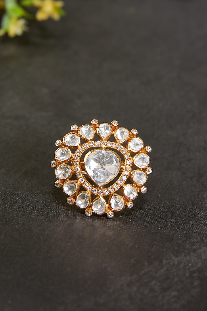Gold Plated Kundan Polki Triangular Motif Ring In Sterling Silver by Kaari at Pernia's Pop Up Shop