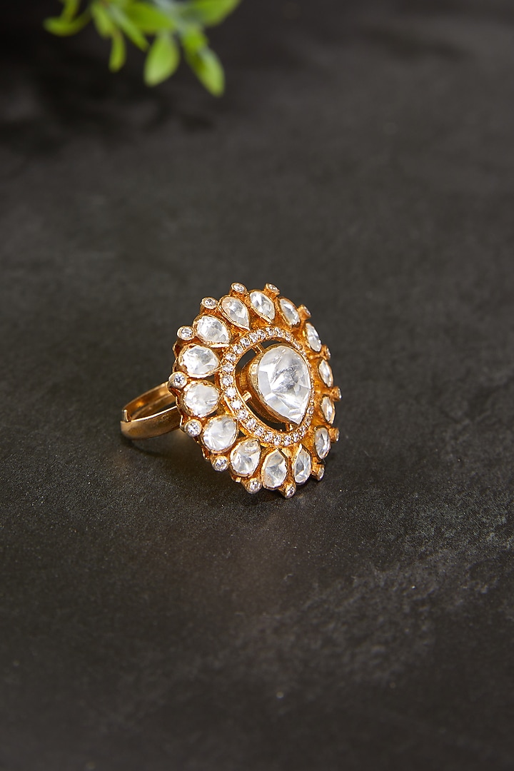 Gold Plated Kundan Polki Triangular Motif Ring In Sterling Silver by Kaari at Pernia's Pop Up Shop