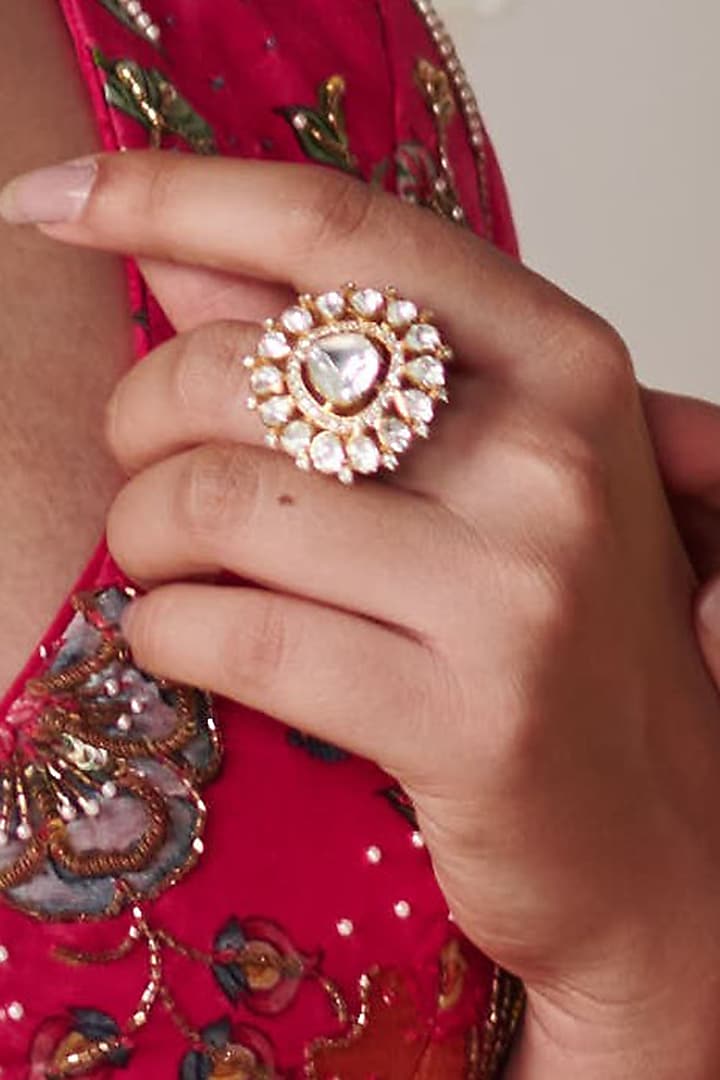 Gold Plated Kundan Polki Triangular Motif Ring In Sterling Silver by Kaari at Pernia's Pop Up Shop