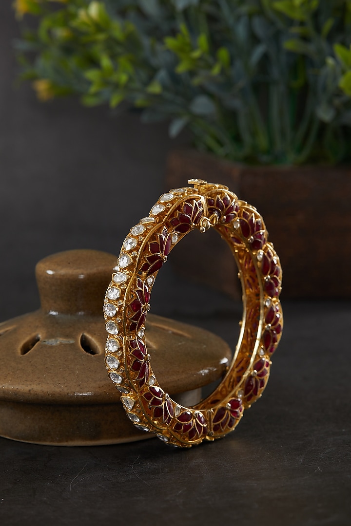 Gold Plated Kundan Polki Lotus Scalloped Motif Kada In Sterling Silver by Kaari at Pernia's Pop Up Shop