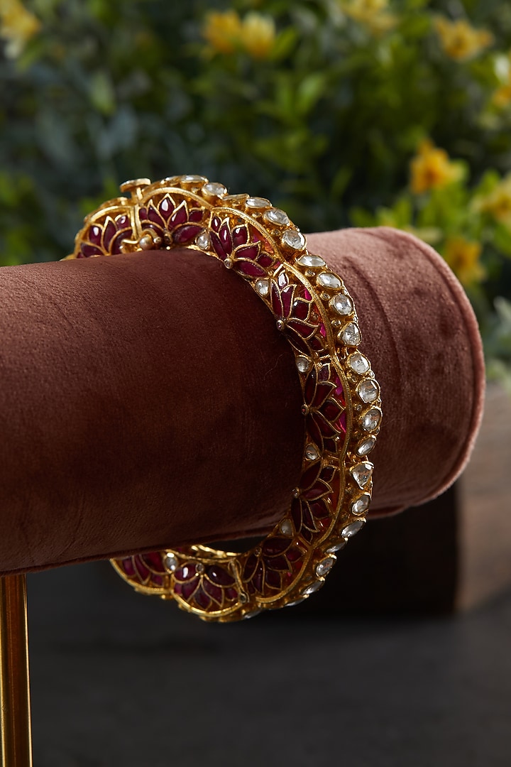 Gold Plated Kundan Polki Lotus Scalloped Motif Kada In Sterling Silver by Kaari at Pernia's Pop Up Shop