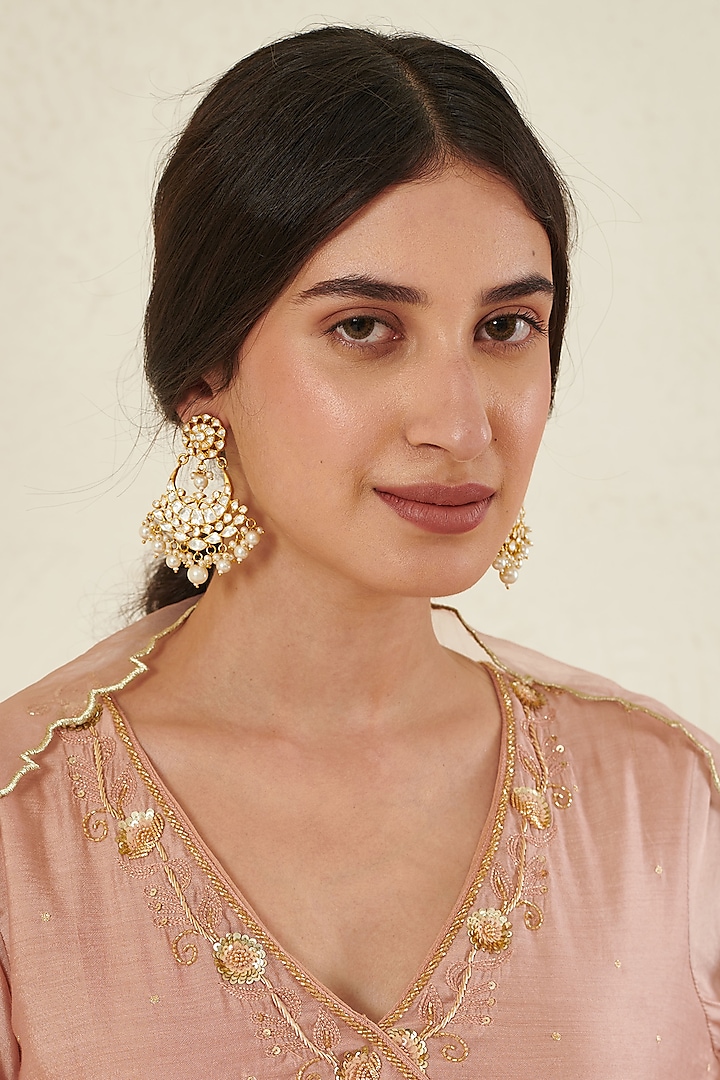 Gold Plated Kundan Polki & Freshwater Pearl Chandbaali Earrings In Sterling Silver by Kaari at Pernia's Pop Up Shop